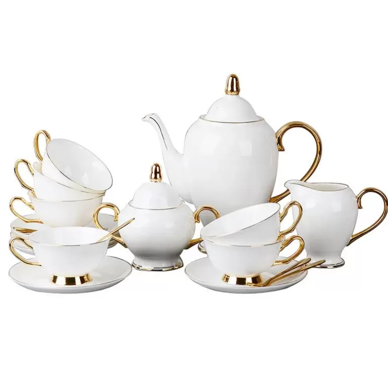 Théière-en-fonte Services À Thé En Fonte | Services À Thé En Porcelaine>Service a thé en porcelaine blanche et dorée